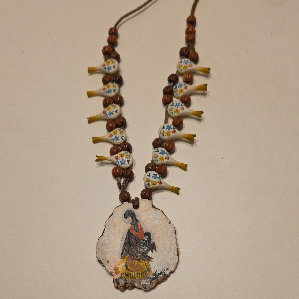 Vintage 1970s Ettore "Ted" DeGrazia hand-painted leather cord necklace Pendant